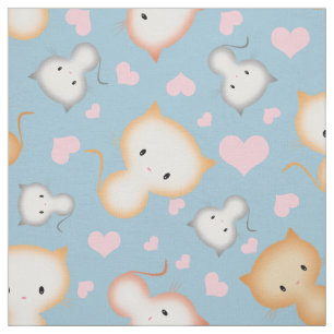 かわいい子猫とハート柄 ファブリック