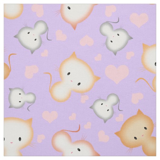 かわいい子猫とハート柄 ファブリック (見本)