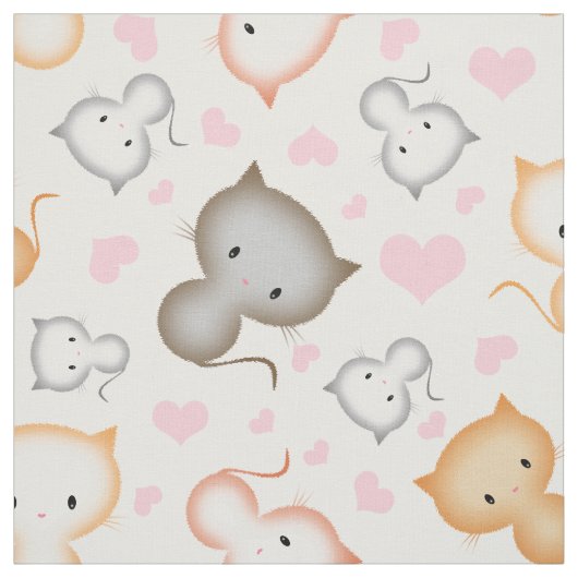 かわいい子猫とハート柄 ファブリック (見本)