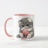 かわいい子猫とピンクの毛糸のマグカップ マグカップ (左)