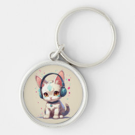 かわいい子猫とヘッドフォンチャーム キーホルダー