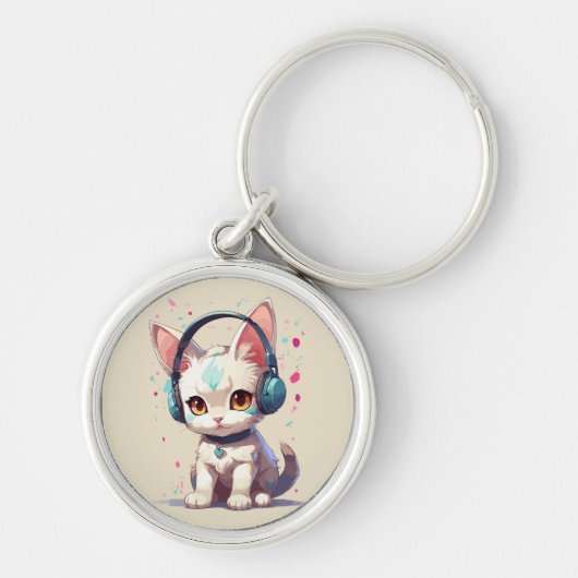 かわいい子猫とヘッドフォンチャーム キーホルダー (正面)