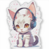 かわいい子猫とヘッドフォンチャーム シール (正面)