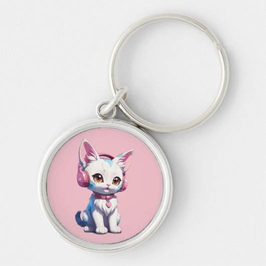 かわいい子猫とヘッドフォン魔法 キーホルダー (正面)
