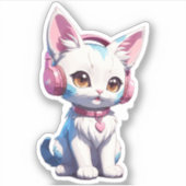 かわいい子猫とヘッドフォン魔法 シール (正面)