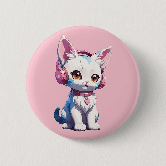 かわいい子猫とヘッドフォン魔法 缶バッジ (正面)