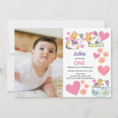 かわいい子猫とベビーフォトガールバースデー 招待状 (正面)