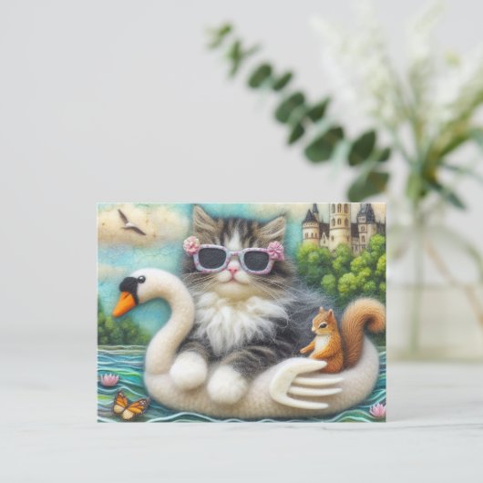 かわいい子猫とリス毛織の白鳥ボート ポストカード (スタンド正面)