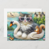 かわいい子猫とリス毛織の白鳥ボート ポストカード (正面/裏面)