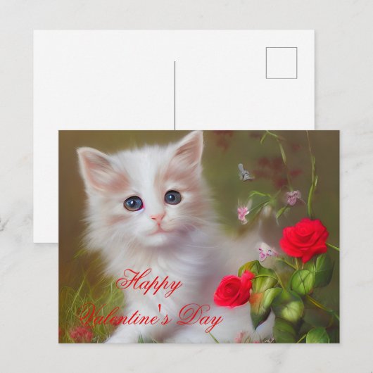 かわいい子猫とローズのバレンタイン ポストカード (正面/裏面)