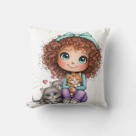 かわいい子猫と女の子の可愛らしいアート クッション