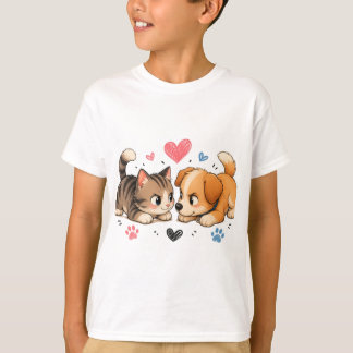 かわいい子猫と子犬のじゃれ合い Tシャツ
