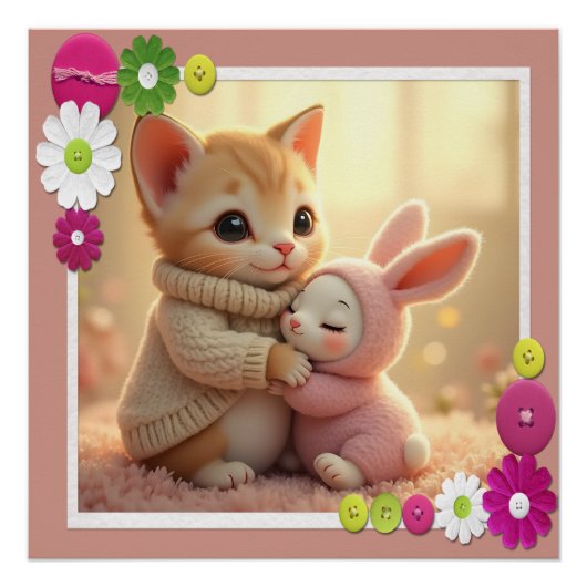 かわいい子猫と小さなベビーバニー ポスター (正面)