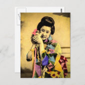 かわいい子猫と日本のヴィンテージ芸者 ポストカード (正面/裏面)