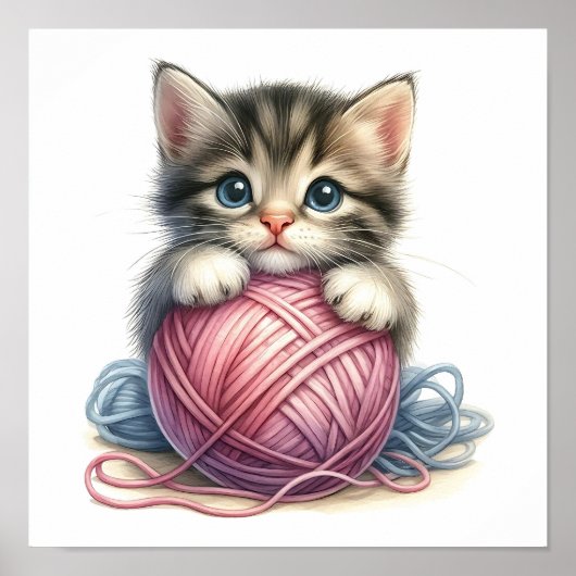 かわいい子猫と毛糸玉の幻想的な猫 ポスター (正面)