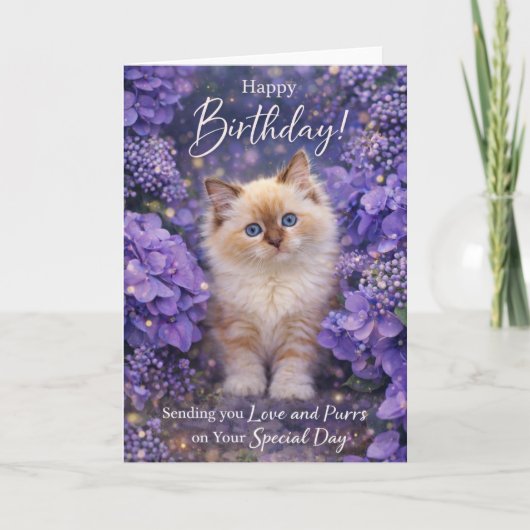かわいい子猫と紫の花の猫の誕生日カード カード (正面)