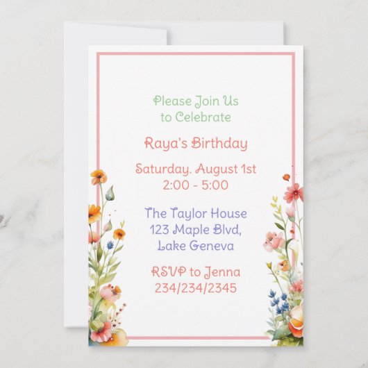 かわいい子猫と花ガールズ誕生日パーティー 招待状 (裏面)