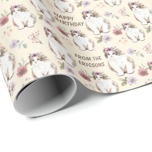 かわいい子猫と花ピンク誕生日 ラッピングペーパー (ロールコーナー)