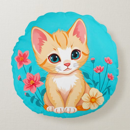 かわいい子猫と花 ラウンドクッション (正面)