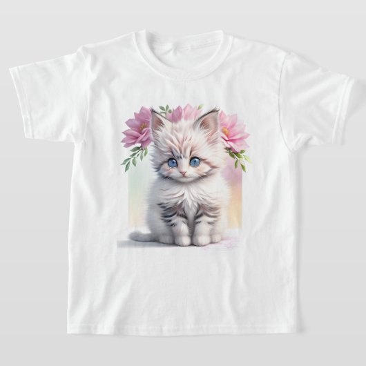 かわいい子猫と花 Tシャツ (レイダウン)