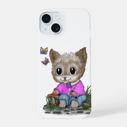 かわいい子猫と蝶々 iPhone 15ケース (裏面)