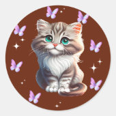 かわいい子猫と蝶のステッカー | 愛らしい猫 ラウンドシール (正面)