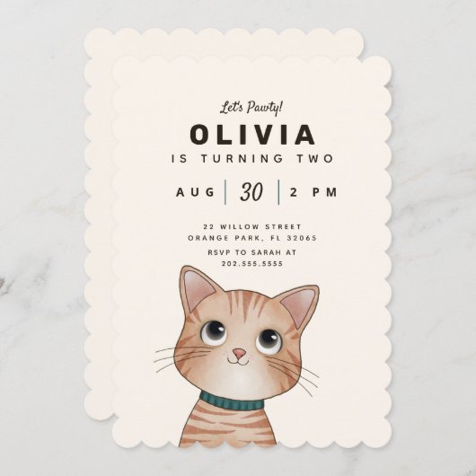 かわいい子猫と誕生日パーティー招待状 招待状 (正面/裏面)