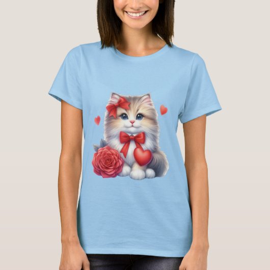 かわいい子猫と赤いバラとハートのラブアート 🐱🌹 Tシャツ (正面)