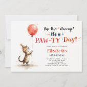 かわいい子猫と赤い風船の猫パーティーの子供の誕生日 招待状 (正面)