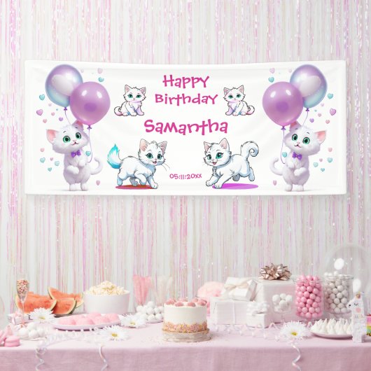 かわいい子猫と風船の赤ちゃん 誕生日おめでとう 横断幕 (パーティー)