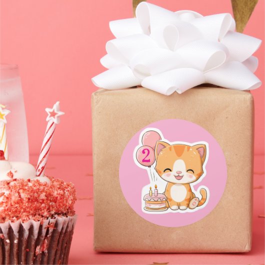 かわいい子猫と風船、2歳の誕生日 ラウンドシール (パーティー)
