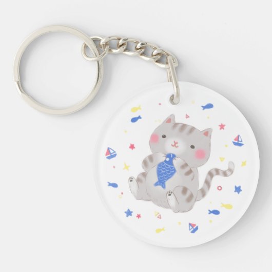 かわいい子猫と魚の夏イラストレーション キーホルダー (正面)