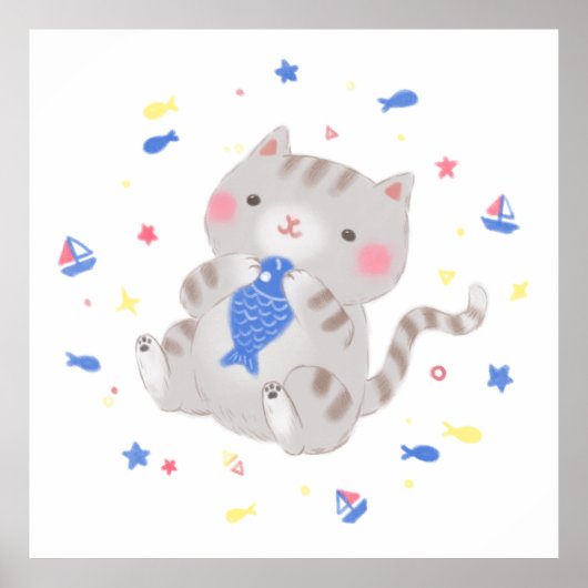 かわいい子猫と魚の夏イラストレーション ポスター (正面)