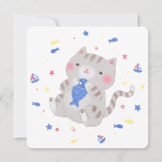 かわいい子猫と魚の夏イラストレーション 招待状 (正面)