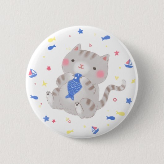 かわいい子猫と魚の夏イラストレーション 缶バッジ (正面)