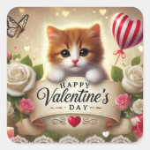 かわいい子猫にバラ、ろうそく、ハート スクエアシール (正面)