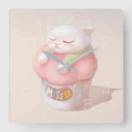 かわいい子猫のカップケーキ スクエア壁時計