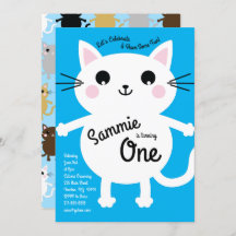 かわいい子猫のカラフルな1歳の誕生日招待状