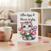かわいい子猫のキスと花の願い チューリップの子猫 カード