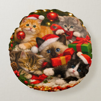 かわいい子猫のクリスマスロー枕 ラウンドクッション