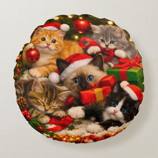 かわいい子猫のクリスマスロー枕 ラウンドクッション (正面)