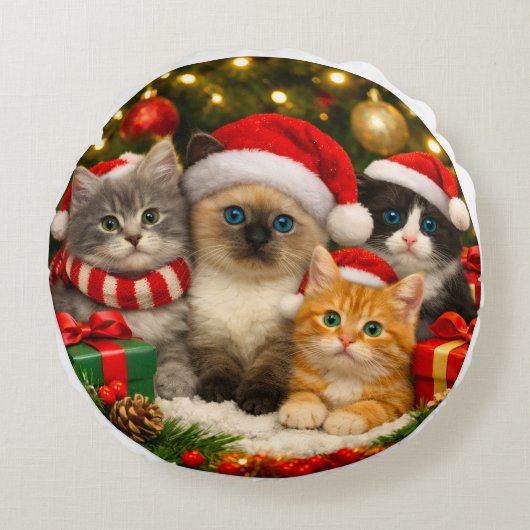 かわいい子猫のクリスマスロー枕 ラウンドクッション (正面)