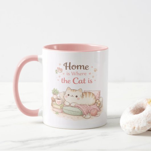 かわいい子猫のコーヒー ピンクのホームイラスト マグカップ (ドーナツ)