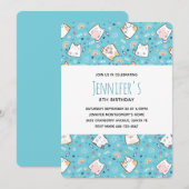 かわいい子猫のパターンが特徴的な、夢のような誕生日パーティー 招待状 (正面/裏面)