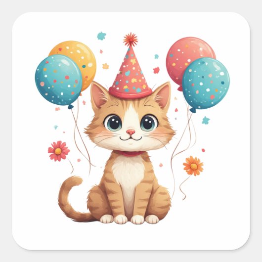 かわいい子猫のパーティーハットと風船の誕生日お祝い🎈 スクエアシール (正面)