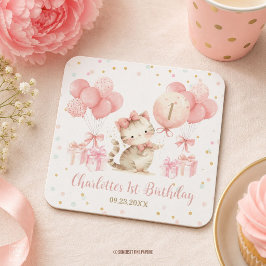 かわいい子猫のピンクの風船の1歳2歳3歳の誕生日 スクエアペーパーコースター