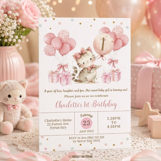 かわいい子猫のピンクの風船の1歳2歳3歳の誕生日 招待状