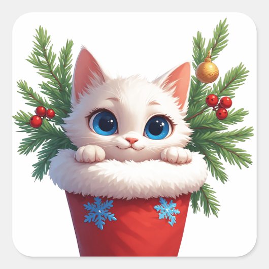 ❄️ かわいい子猫のホリデーストッキングののぞき見 🐾 スクエアシール (正面)