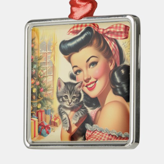 かわいい子猫のヴィンテージピン留め メタルオーナメント (左)