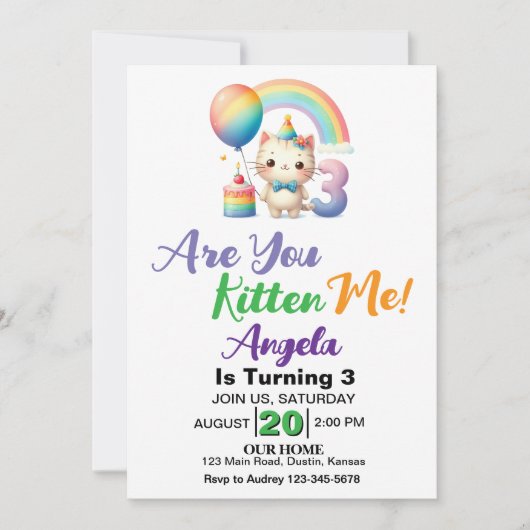 かわいい子猫の三つ目の誕生日パーティー 招待状 (正面)